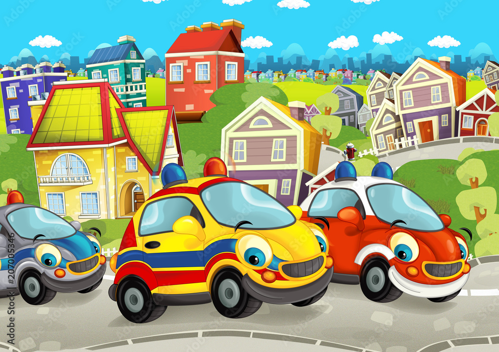 cartoon scene with happy cars on street going through the city - with police, fireman and ambulance vehicles - illustration for children