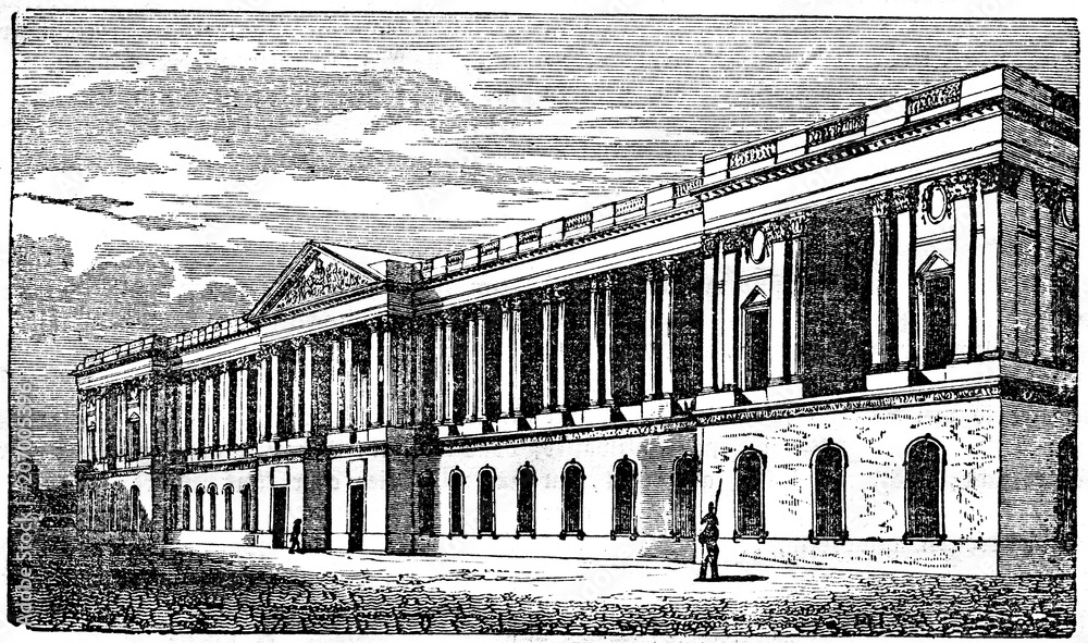 Louvre, art museum and a historic monument in Paris, France (from Das Heller-Magazin, April 19, 1834)
