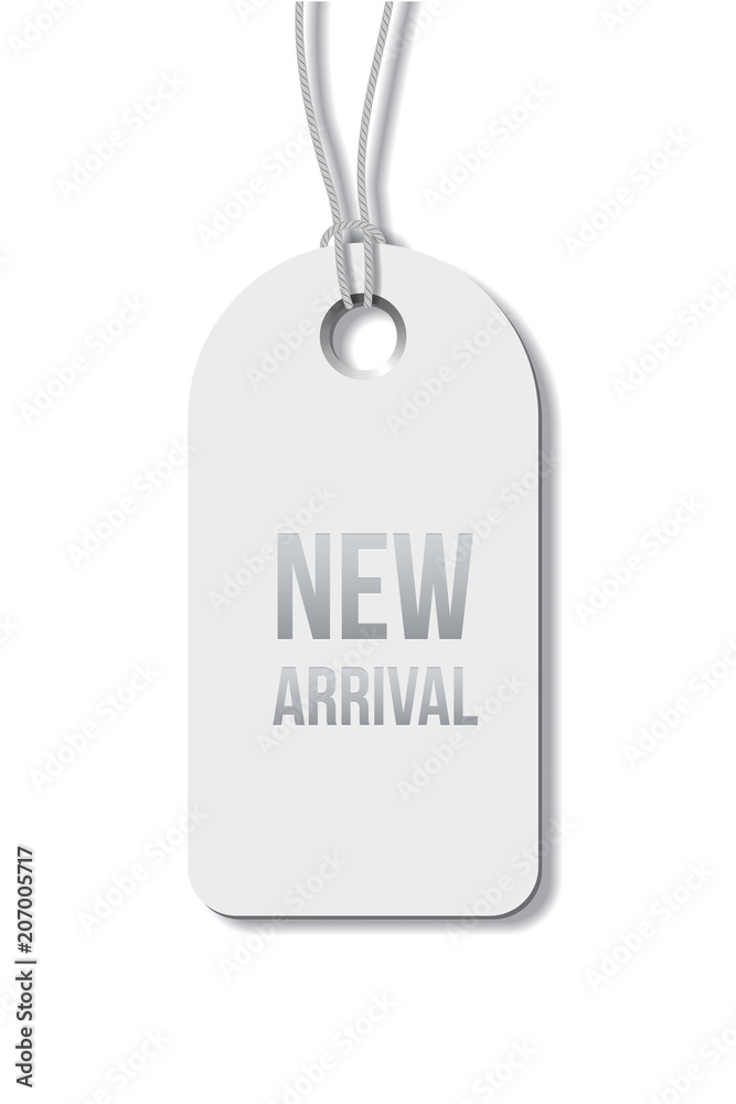 New arrival text on white tag. Vector illustration.