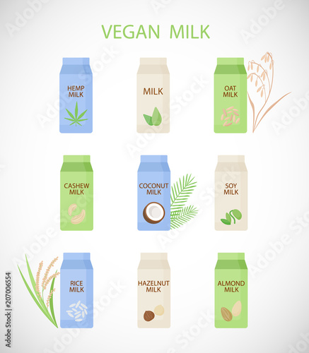 Plant based milk vector flat icon set