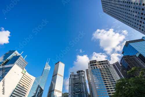 Photography up view of modern glass building in hongkong china