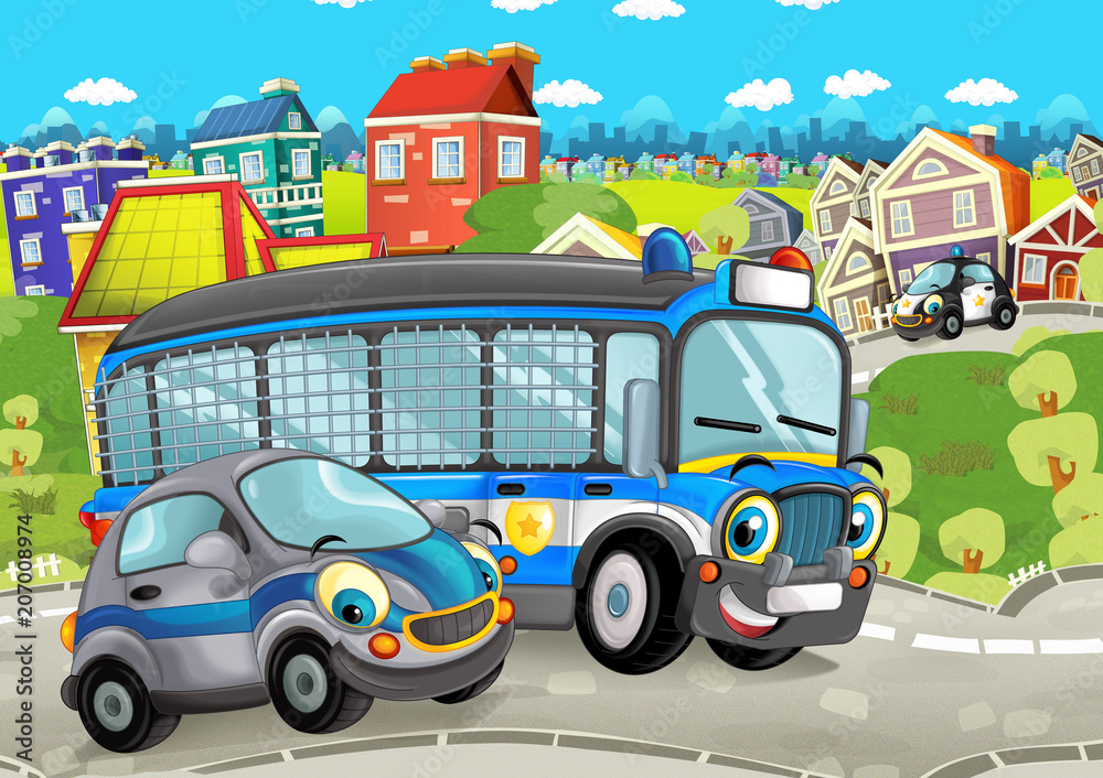 cartoon scene with happy cars on street going through the city  with police vehicles - illustration for children