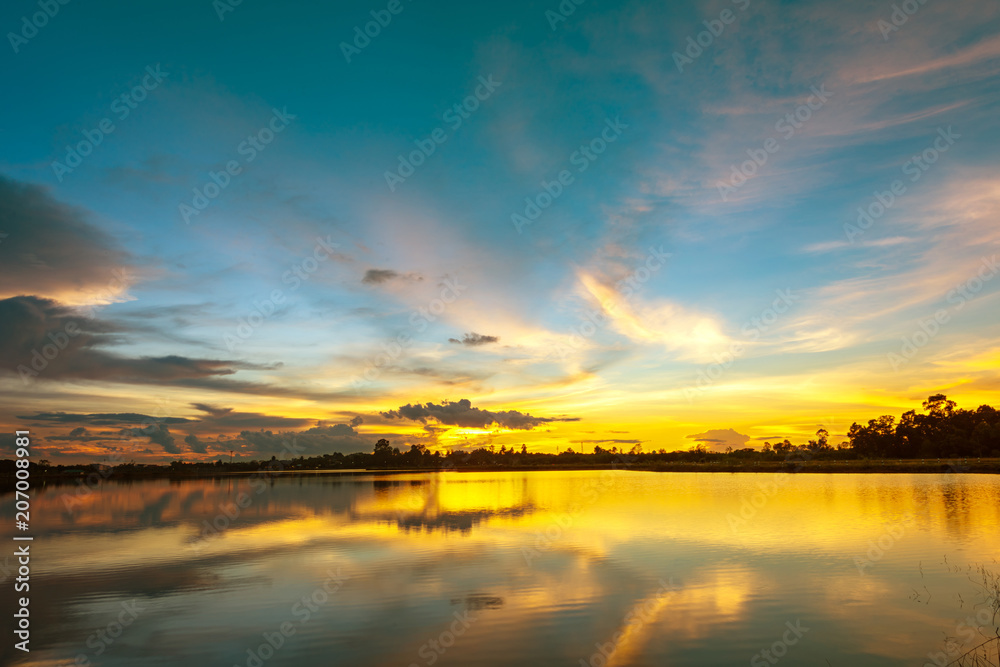 Scenery lake landscape with blue sky and sunset