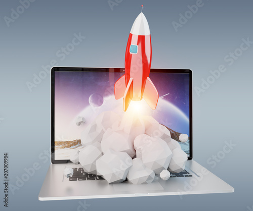 Fototapeta Naklejka Na Ścianę i Meble -  Rocket launching from a laptop 3D rendering