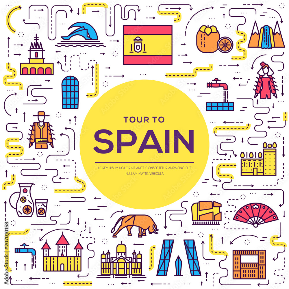 Country Spain thin line travel vacation guide of goods, places and features. Set of outline architecture, fashion, people, items, nature background concept. Infographic template design  on flat style