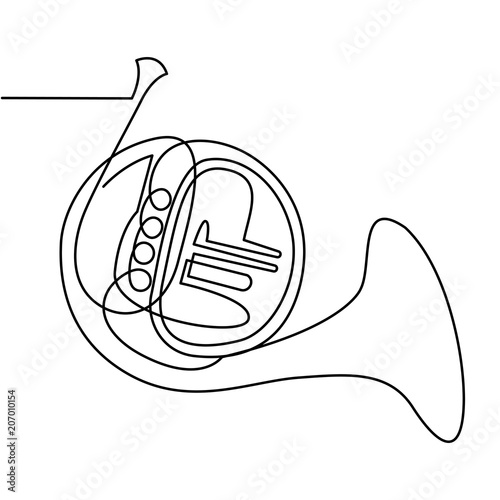 Continuous Line Drawing of Vector Brass wind musical instrument. French horn. Single line icon.