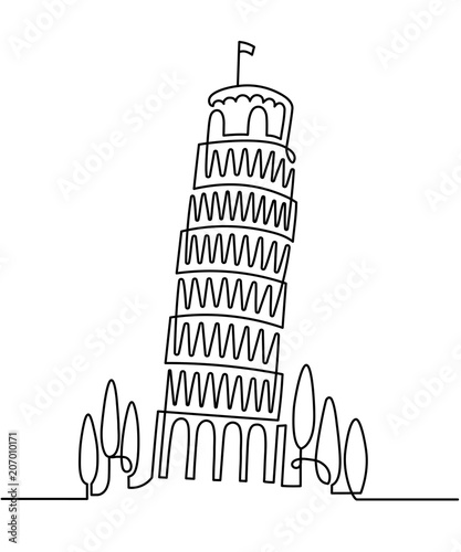 Continuous Line Drawing of Vector Italian landmark Piza Tower, Italy. Vector illustration, simple linear travel concept