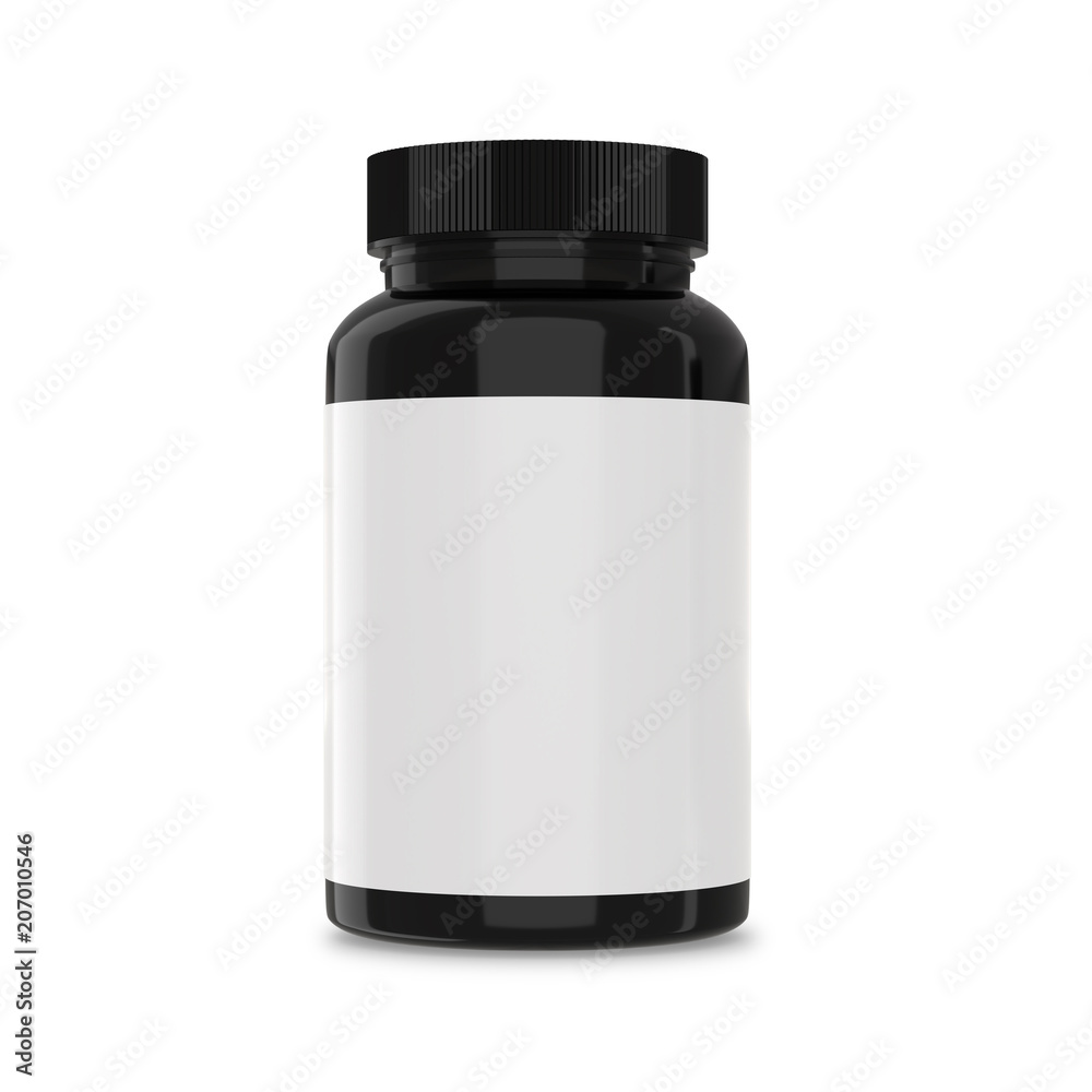 Blank Plastic Packaging Bottle with Cap for Pills Isolated on White Background. Food supplement package for capsules. Black color Blank Plastic Packaging Bottle with Cap for Pills Isolated on White Background. Food supplement package for capsules. Black color