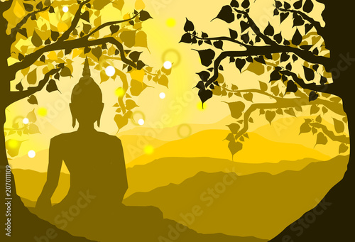 buddha statue under the Bodhi (Sacred Fig) tree and mountain on sunset background,sunset, silhouette style