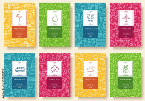 Set of linear travel style concept. Journey element on poster, book, layout abstract, magazines, brochure. Vector thin line vacation tour greeting card or invitation design background illustration