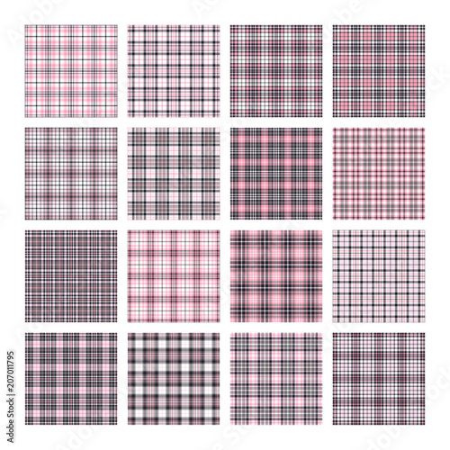 Set of 16 tartan seamless vector patterns. Checkered plaid texture. Geometrical square background for fabric