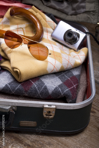 Holiday suitcase and accessories. Travel concept