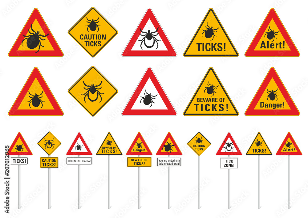 Different versions of signs warn against ticks, TBE and Lyme disease Different versions of signs warn against ticks, TBE and Lyme disease