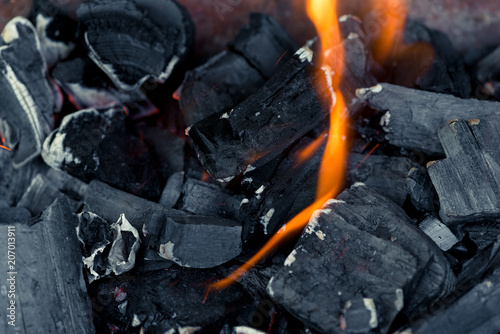 burning natural coals in a fire close up