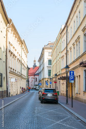 European street with parked cars near the sidewalk © kosmos111