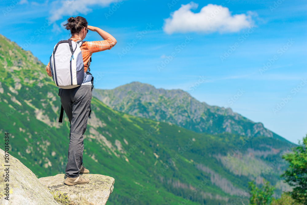Obraz premium a tourist with a backpack in the mountains on a precipice looking into the distance to the mountains, the view from the back