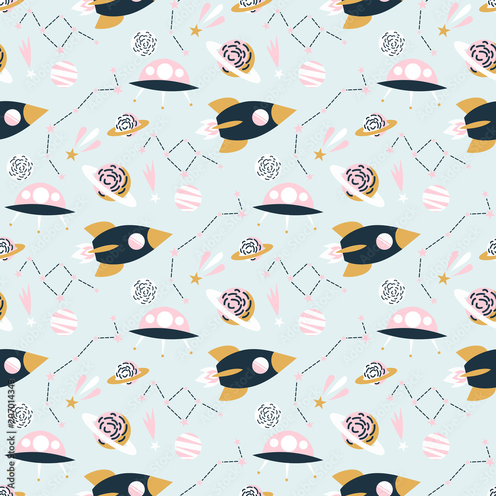Space seamless pattern vector background. Spaceship, planets, rocket, star, ufo and comet trendy  kid pattern design. Childish vector  background.
