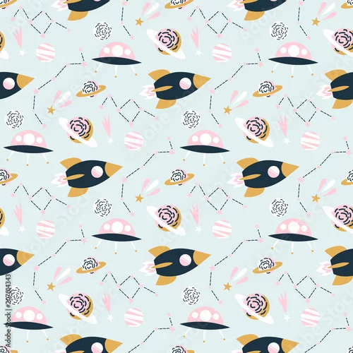 Tapety Astronautyczny bezszwowy deseniowy wektorowy tło. Statek kosmiczny, planety, rakieta, gwiazda, UFO i kometa modny wzór dla dzieci. Dziecinne tło wektor.