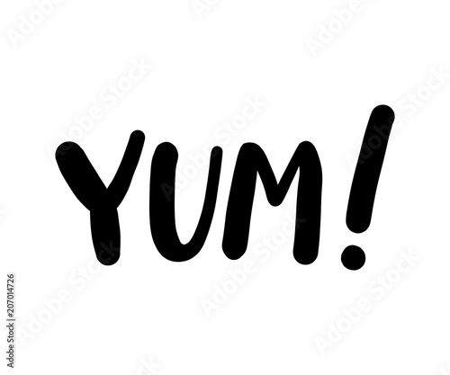 Yum text word. Printable graphic tee. Design doodle for print. Vector illustration. Black and white. Cartoon style.