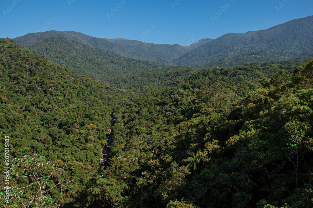 Overview of hills and peaks covered by forests in the Itatiaia Park, an altitude park, known for its animal diversity, trails and waterfalls. Located in the Rio de Janeiro State, southwestern Brazil