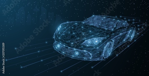 Vector high speed motion car night city drive. Abstract wire low poy car illustration on dark blue cityscape background with stars, headlight on.