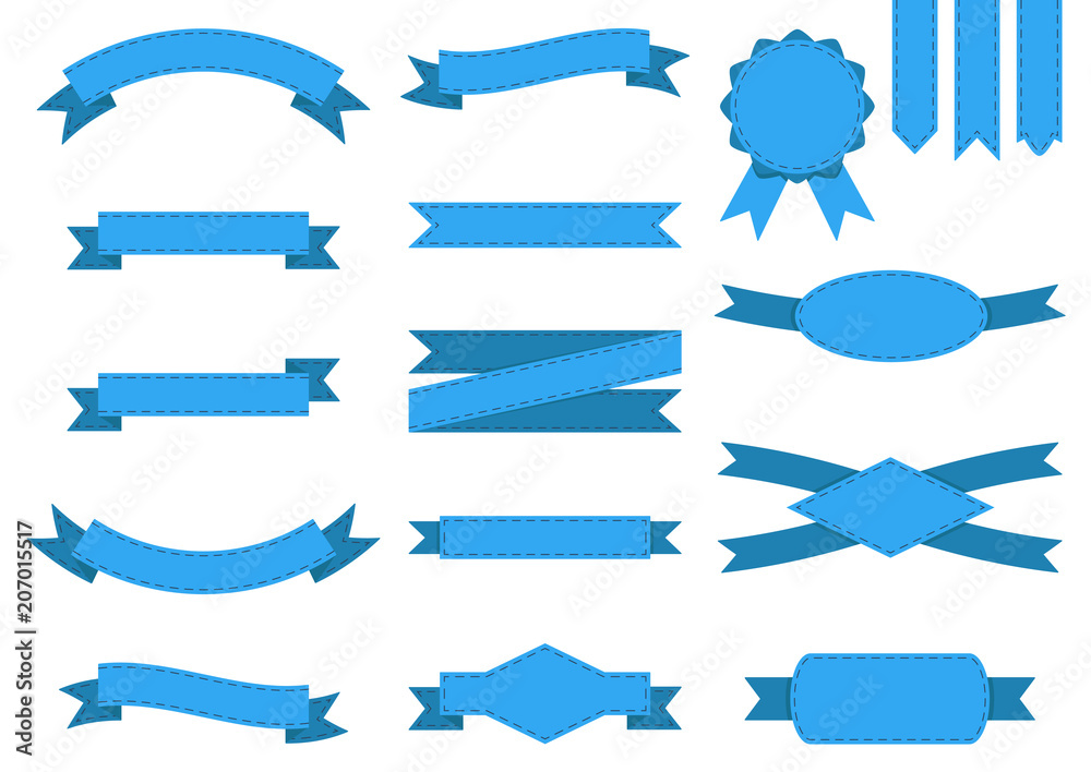Vector set of blue ribbons and labels. Flat style banners
