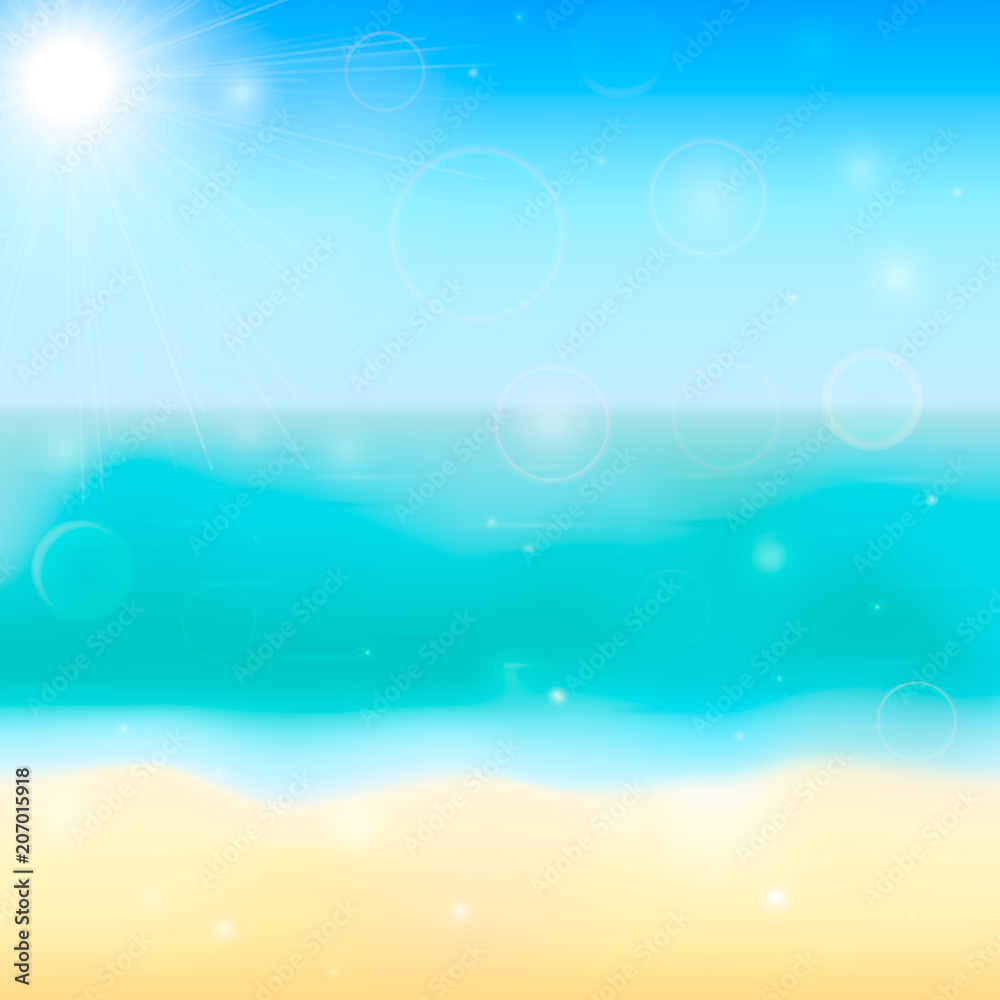Summer vector background with tropical beach, sea and sky. Blurred bokeh backdrop. Vacation and relax concept. Summer vector background with tropical beach, sea and sky. Blurred bokeh backdrop. Vacation and relax concept.