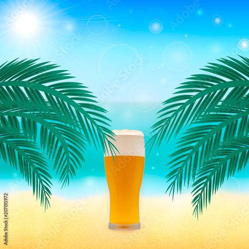 Summer vector background with tropical beach  sea and glass of beer. Blurred bokeh backdrop. Vacation and relax concept.