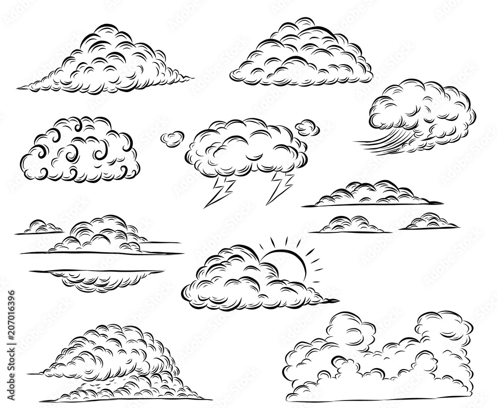 Set of clouds by hand  vector comic style isolated on white  background. Cartoon design illustration. Stock Vector | Adobe Stock