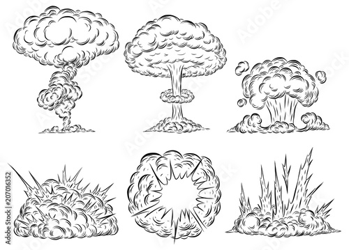 Bomb explosion mushroom cloud by hand drawing.Bomb cloud vector on white background.