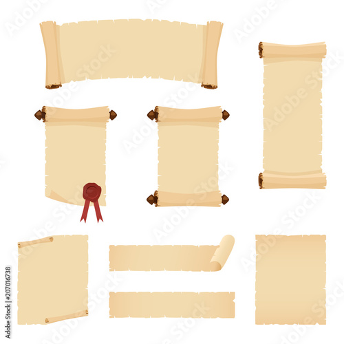 Parchment scrolls and sheets of old paper. Set of vector banners