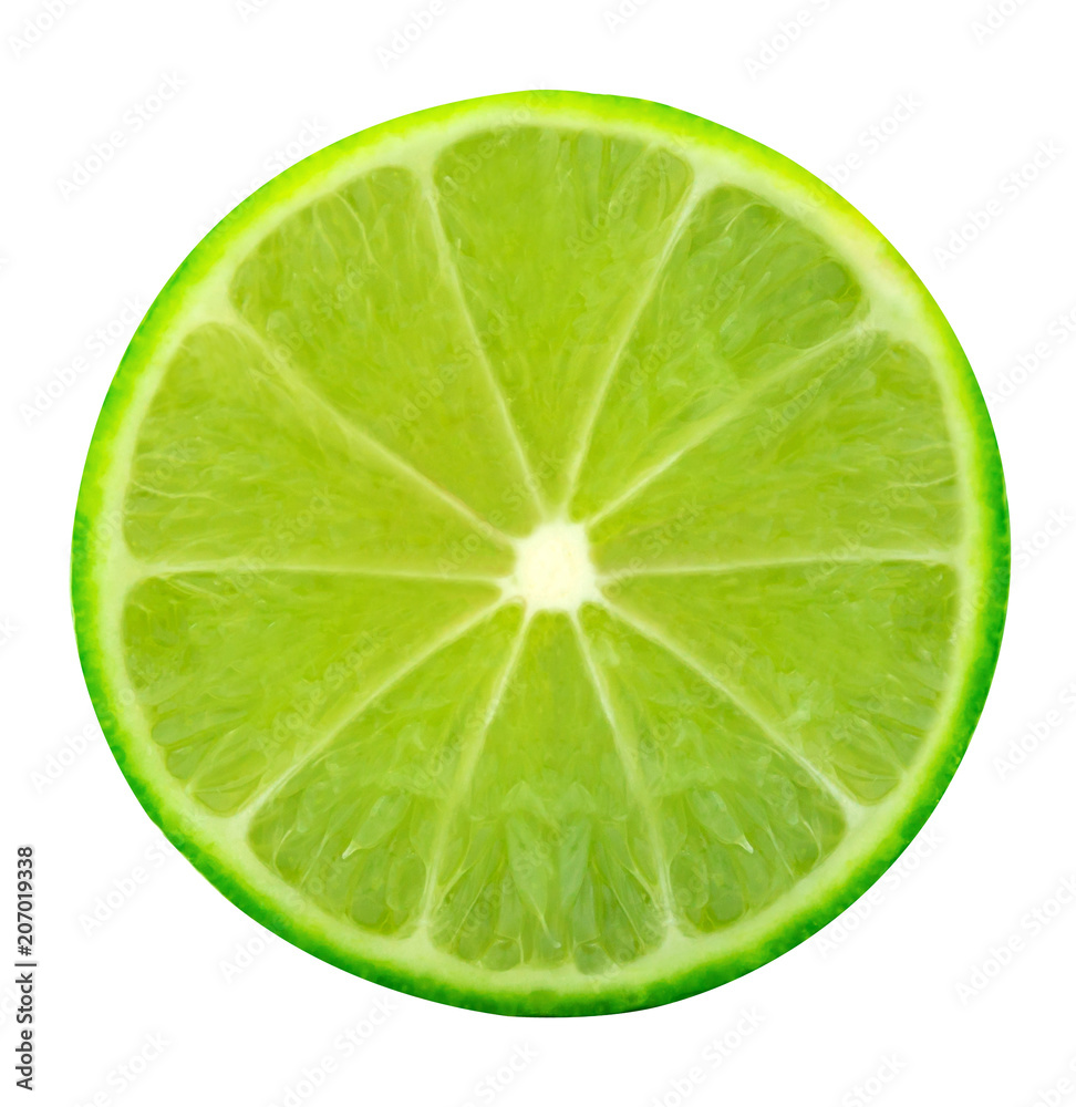 lemon green slice cutout,Juicy  of citrus lime fruit segment single lime isolated on white background.Clipping path
