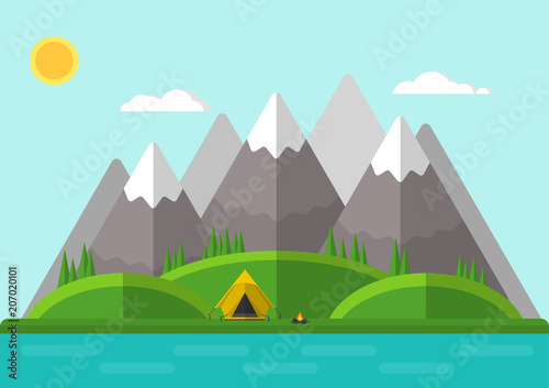 Vector illustration. Summer mountain landscape with a tent and a fire. Flat design.