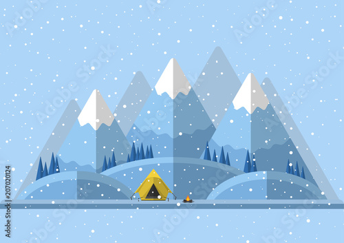 Vector illustration. Winter landscape with a tent and a fire. Flat design.