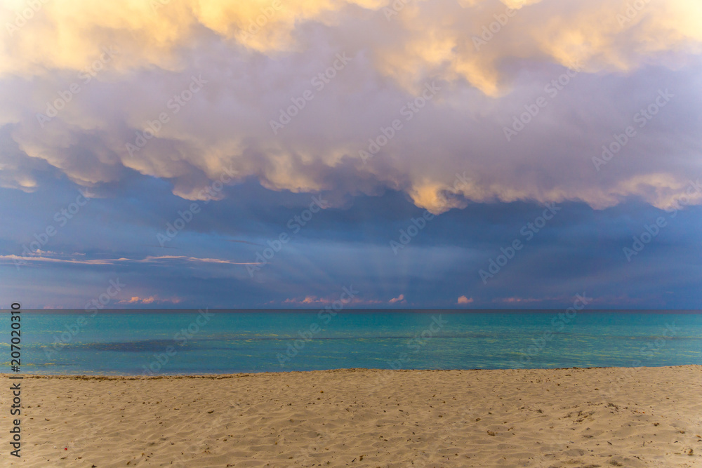 Mallorca, Unique natural spectacle of colorful glowing sky at dawn at the beach