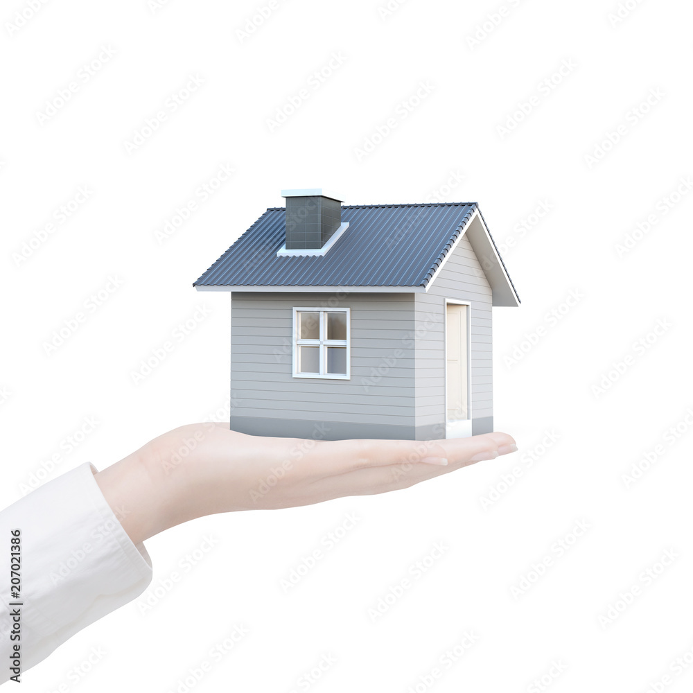 Simple house in human hand isolated on white background with clipping path. Image idea of real estate and property concept. House 3D render. Simple house in human hand isolated on white background with clipping path. Image idea of real estate and property concept. House 3D render.