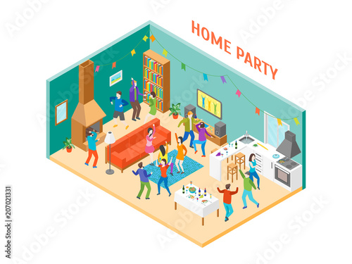 Home Party Interior with Furniture and People Isometric View. Vector