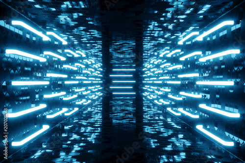 3D rendering blue-tint Illuminated corridor with blue neon light. Elegant futuristic neon light on wall.