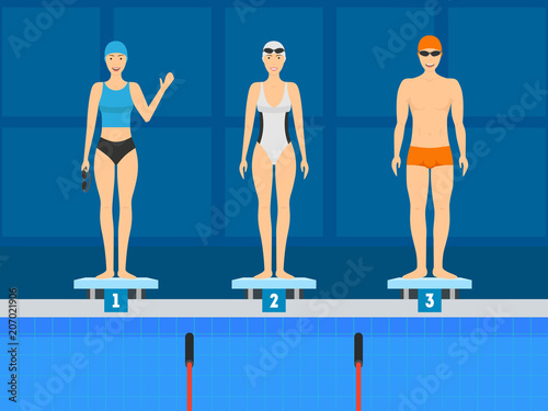 Cartoon Swimmer on the Starting Line Concept. Vector