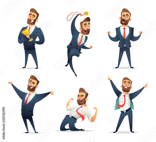 Collection of successful charming businessman  character in different dynamic poses. Business men rejoice in success. Manager enjoys the victor.