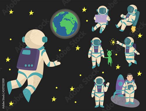Vector astronauts in space, working character and having fun spaceman galaxy atmosphere system fantasy traveler man.