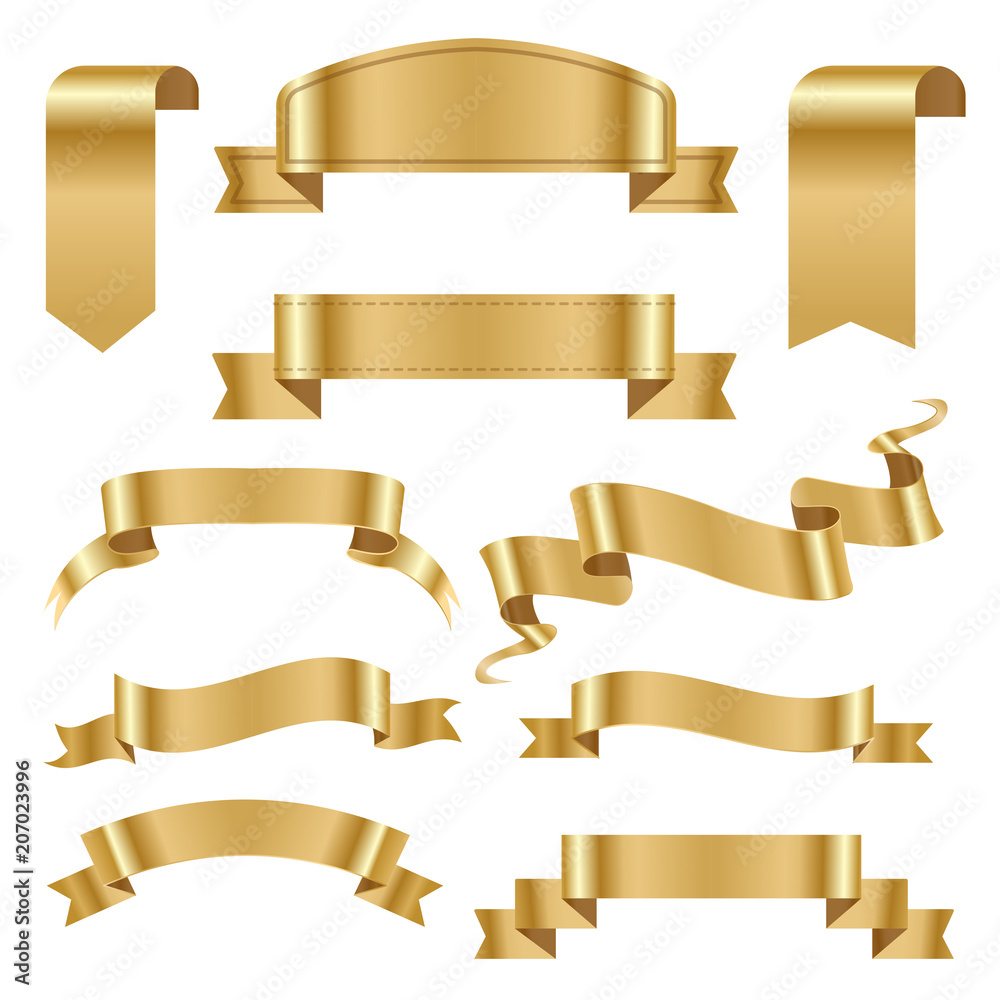 Obraz premium Golden ribbon tape banner flag bow classic glossy scroll vector illustration.