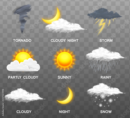 Modern Realistic weather icons set. Meteorology symbols on transparent background. Color Vector illustration for mobile app, print or web. Thunderstorm and rain, clear and cloudy, storm and snow.