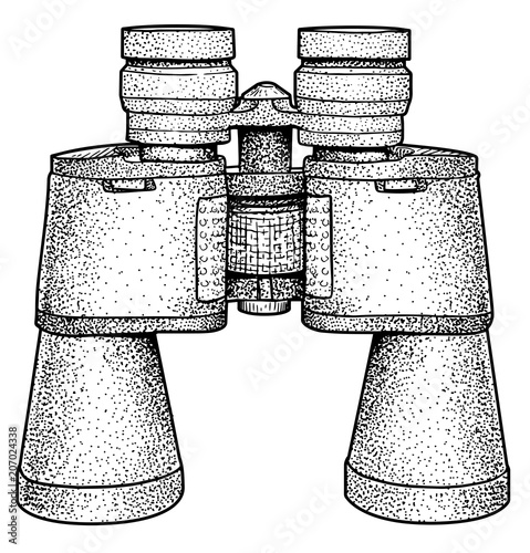 Binocular illustration, drawing, engraving, ink, line art, vector