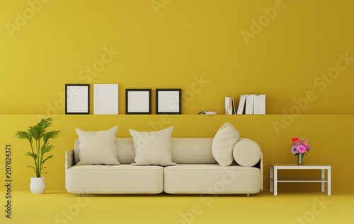 modern living room with sofa and furniture and group of picture frame on the wall.  relax time.