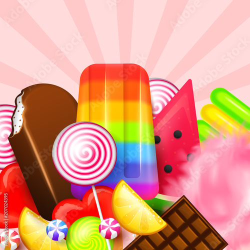 Realistic Sweet candies. Swirl caramel, assorted circle lollipops, dragee and chocolates, fruit jelly, Sugar clouds, cotton and watermelon. 3d game background. holiday colors in modern style.
