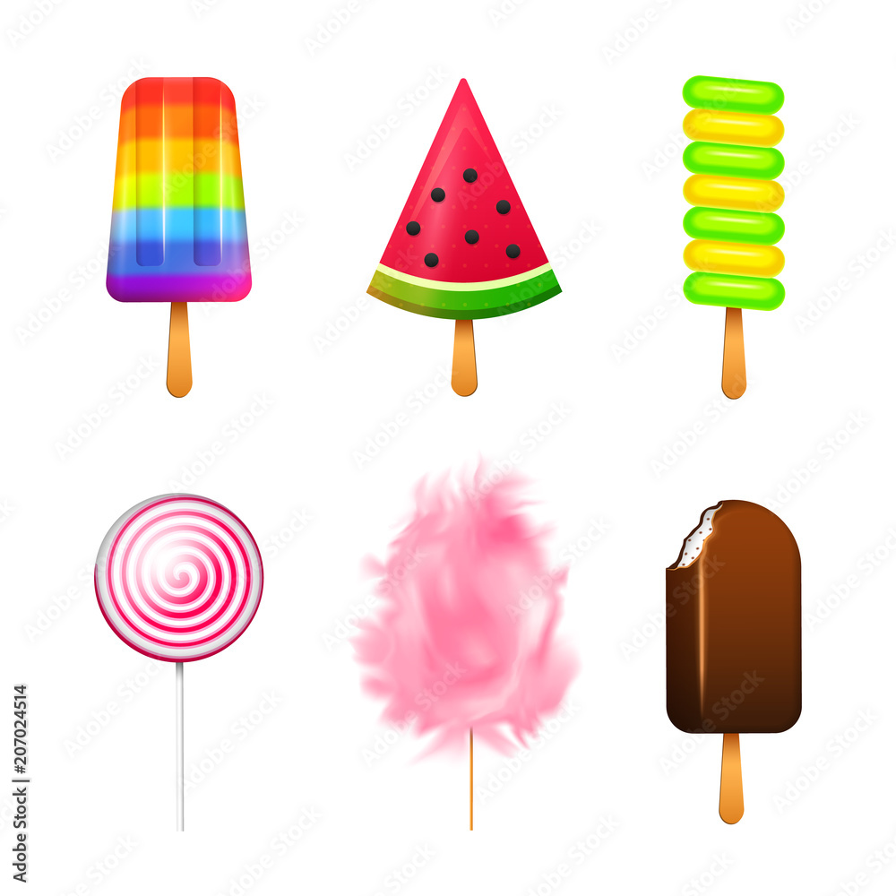 Realistic Sweet ice cream. Swirl caramel, circle lollipop, fruit jelly, Sugar clouds, cotton. Taste of chocolate, watermelon and apple. Rainbow candy. 3d vector. holiday colors in modern style. Realistic Sweet ice cream. Swirl caramel, circle lollipop, fruit jelly, Sugar clouds, cotton. Taste of chocolate, watermelon and apple. Rainbow candy. 3d vector. holiday colors in modern style.