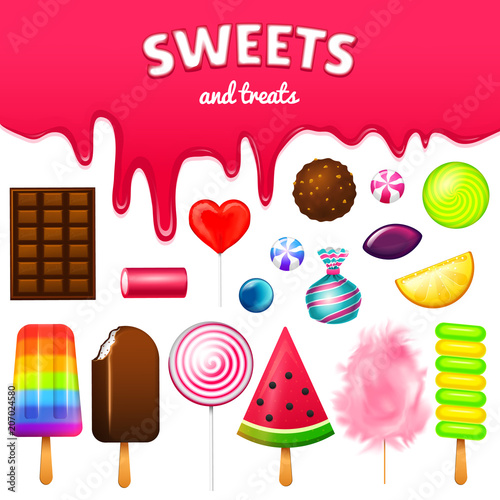Realistic Sweet candies. Swirl caramel, assorted circle lollipops, dragee and chocolates, fruit jelly, Sugar clouds, cotton and watermelon. 3d game background. holiday colors in modern style.