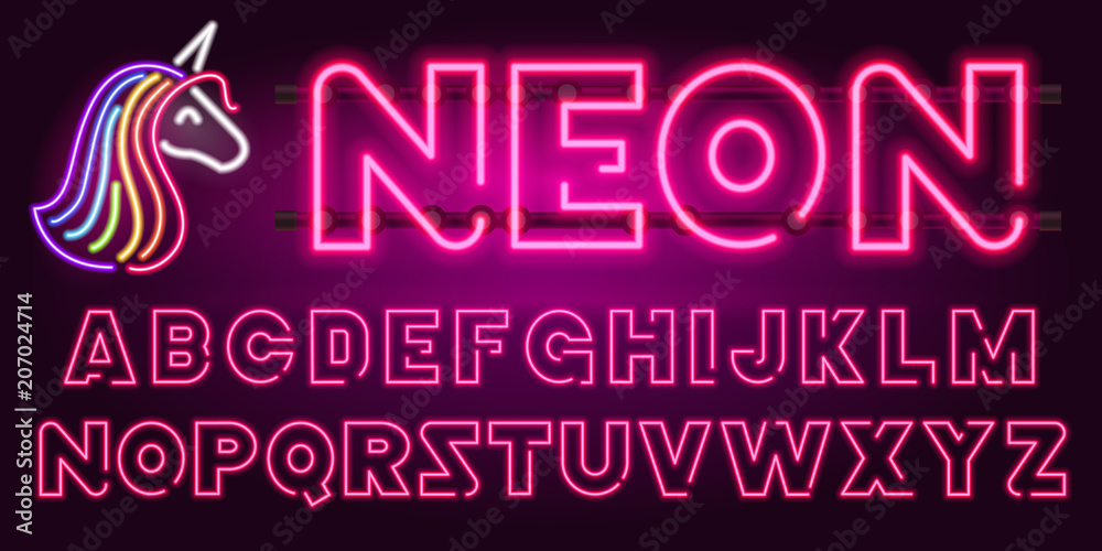 80 s purple neon retro font and unicorn. Futuristic chrome letters. Bright Alphabet on dark background. Light Symbols types. Sign for night show in club. concept of galaxy space. Outlined version. - obrazy, fototapety, plakaty 