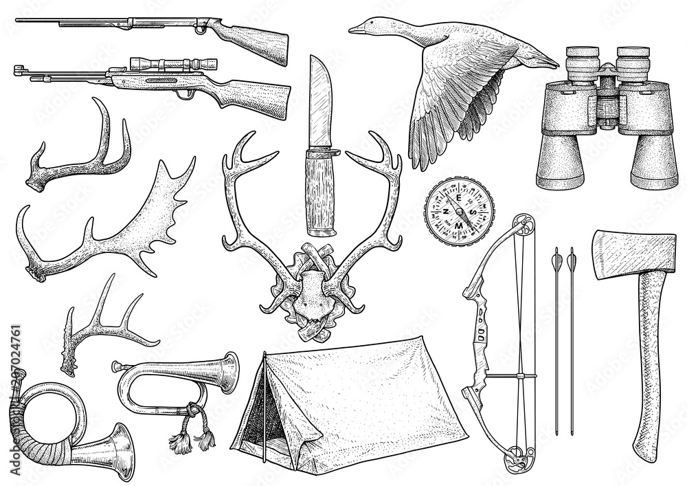 hunting equipment illustration, drawing, engraving, ink, line art